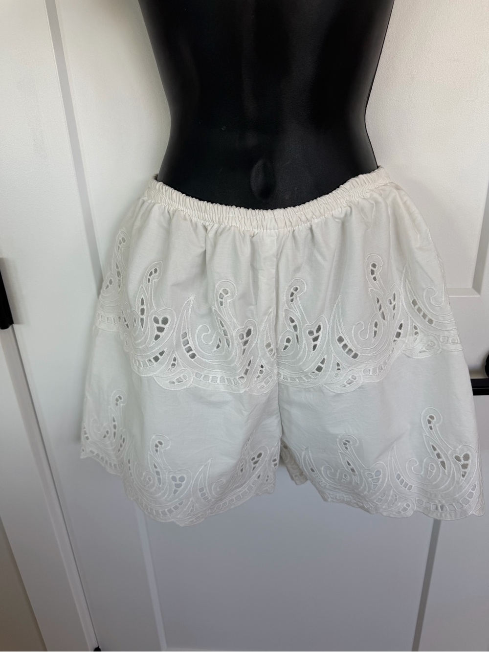 white Battenborg lace shorts - elasticised waist band. Summery flattering